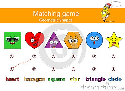 Connect geometric figures and their titles. Learn geometric shapes. Educational game for kids. Matching game. Square, heart, trian Vector Illustration